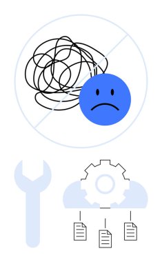 Karmaşık çizgileri olan üzgün bir yüz, ingiliz anahtarı, belgeleri birbirine bağlayan teçhizat. Üretkenlik, problem çözme, organizasyon, verimlilik, sorun çıkaran iş akışı yönetimi için ideal. Düz basit