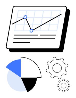Eğilim çizgisi, renkli pasta grafiği ve analitiği, istatistiği, iş akışını ve iş büyümesini sembolize eden dişli simgeleri. Veri sunumu, planlama, içgörü optimizasyon işlemleri için ideal