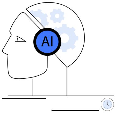 İnsan profili, yapay zeka, otomasyon ve problem çözmeyi simgeleyen yapay zeka ve kafanın içindeki dişliler. Teknoloji, yenilik, veri, gelecek, bilim, mühendislik için ideal