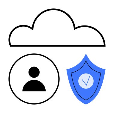 Bulut simgesi, kullanıcı silueti ve işaretli kalkan veri gizliliği, koruması, siber güvenlik, güven, güvenilirlik, bulut depolama ve kullanıcı kimlik doğrulamasını temsil etmektedir. İnternet üzerinden bilişim hizmetleri için ideal