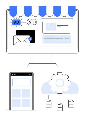 Depo önü, reklamlar, e-posta, dolar simgeleri, mobil cihazlar, bulut dişlileri ve belge simgelerine sahip bilgisayar monitörü. E-ticaret, pazarlama, iletişim otomasyon teknolojisi için ideal