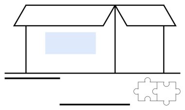 Penceresi olan basit bir ev yapısı ve iki yapboz parçası tamamlandığını gösteriyor. İnşaat, mimarlık, yaratıcılık, takım çalışması, problem çözme, eğitim, yenilik, basit iniş