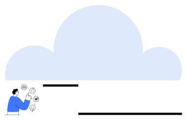 Dijital depolama ve bağlantıyı temsil eden büyük mavi bulut yakınlarındaki dairesel veri simgelerine tıklayan kişi. Teknoloji, yenilik, veri yönetimi, bulut depolama, iletişim ve uzak çalışma için ideal