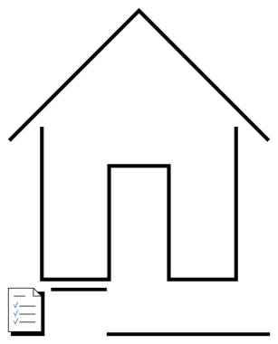 Basit ev taslağı ve kontrol listesi ev sahipliği, organizasyon ya da planlama çağrıştırıyor. İnşaat, gayrimenkul, aile, üretkenlik, minimalizm, mimari düz metafor için ideal
