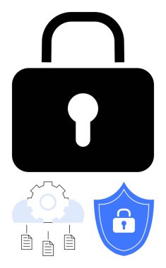 Anahtar deliğiyle kilit sembolü, bulut teçhizatı, kilit simgesi ile kalkan ve belge simgeleri siber güvenliği vurguluyor. Veri koruması, gizlilik, bulut güvenliği, şifreleme, dijital güvenlik için ideal