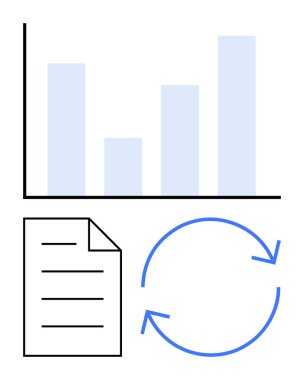 Analiz için bar çizelgesi, belgeler için kağıt, işlem döngüsü için oklar. Veri temsili, raporlama, iş akışı, verimlilik, proje yönetimi, organizasyon düz metaforu için ideal