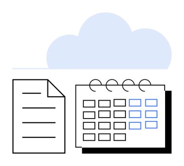 Bulut şeklindeki dijital dosya ve takvim çevrimiçi programlamayı, veri depolamayı ve organizasyonu sembolize ediyor. Zaman yönetimi, bulut hesaplama, dijital araçlar, planlama, takım çalışması için ideal