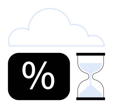 Kum saati, bulut anahatlarının altındaki yüzde işaretinin yanında zaman çizelgesi, bulut ilerlemesi ve verimlilik. Zaman verimliliği, bulut hesaplama, teknoloji, iş akışı, veri depolama için ideal