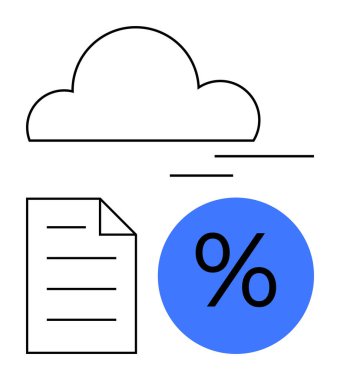 Belge ve yüzde sembolü üzerinde bulutlar geziniyor. Veri depolama, analiz, paylaşma ve yedekleme öneriliyor. Teknoloji, analitik, finans, pazarlama eğitimi için idealdir.