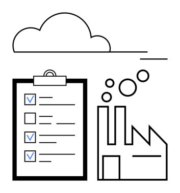 Panoda işaretli işaretlerle kontrol listesi, dumanlı endüstriyel fabrika, bulutların üstünde. Üretim, kalite kontrolü, sürdürülebilirlik, uyum, endüstriyel işlemler ve çevre için ideal