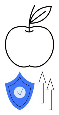 Yapraklı elma sağlığı simgeler, işaretli mavi kalkan korumayı simgeler, ve yukarı doğru iki ok da büyümeyi veya gelişmeyi simgeler. Sağlık için ideal, beslenme, sağlık teknolojisi, fitness