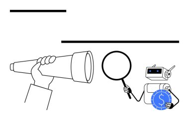 Para ve teleskop yanında büyüteç kullanan robot keşif, araştırma ve analize odaklandığını gösteriyor. Teknoloji, yenilik, finans, strateji, iş dünyası, yapay zeka vizyonu için ideal