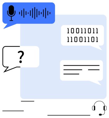 Ses dalgalı mavi konuşma balonu, ikili kod metni, soru işareti sohbeti ve metin balonu. Kulaklık teknik destek, iletişim, otomasyon, yapay zeka eğitimi ve dil işlemlerini temsil ediyor. İdeal