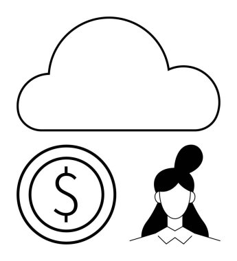 Büyük bulut, dolar parası ve minimalist kadın profili ikonu. Finans, teknoloji, bulut hizmetleri, çevrimiçi depolama, dijital iş, para yönetimi için ideal basit iniş sayfası
