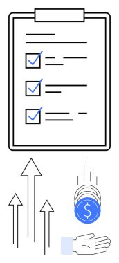 İşaretli eşyalarla kontrol listesi, ilerlemeyi sembolize eden yukarı doğru oklar, el yakalama paraları, finansal istikrar. Hedef belirleme, üretkenlik, mali büyüme, motivasyon ve planlama işleri için ideal