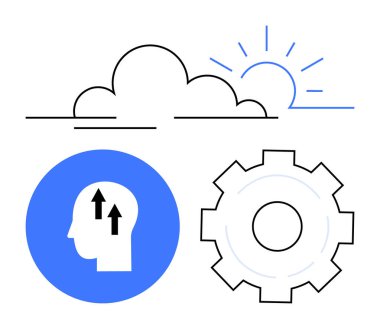 Yukarı doğru ok, teçhizat, bulut ve güneş ile mavi kafa büyümeyi, problem çözmeyi ve iyimserliği vurguluyor. Üretkenlik, yenilik, kişisel gelişim stratejisi ilerleme için ideal takım çalışması basit