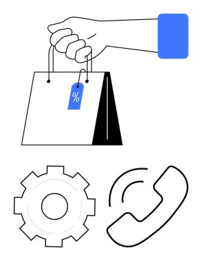 İndirimli etiketli el çantası, işlem ve ayarlar için teçhizat, müşteri desteği için telefon. E-ticaret, perakende, teknoloji hizmetleri, lojistik, iletişim, müşteri hizmetleri için ideal basit