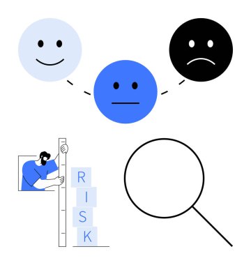 Gülen, tarafsız ve üzgün yüzler duyguları sembolize eder. Risk blokları istiflenen kişi risk değerlendirmesini vurgular, büyüteç büyütme ise analizi belirtir. Psikoloji ve değerlendirme için ideal