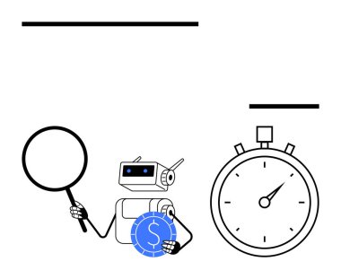 Robot yanında kronometreyle büyüteç ve bozuk para tutuyor. Mali analizi ve verimliliği simgeliyor. Otomasyon, finans, üretkenlik, zaman yönetimi, yenilik, analitik için ideal