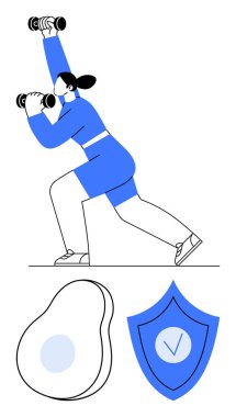 Kadın halterleri aktif pozisyonda kaldırıyor, fitness 'i temsil ediyor. Ek unsurlar arasında bir avokado ve işaretli bir kalkan yer alıyor. Fitness, sağlık, sağlık, diyet, beslenme, egzersiz için ideal