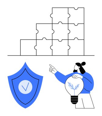Yığılmış bulmaca parçaları vurgulama stratejisi, güvenlik işaretli kalkan, yeniliği simgeleyen ampul tutan kişi. Takım çalışması için ideal, yaratıcı çözümler, liderlik