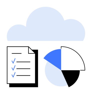 Kontrol listesinin üstündeki bulut ve pasta grafiği veri depolamayı, ilerleme takibini ve analizi sembolize ediyor. Üretkenlik, veri yönetimi, bulut hesaplama, işbirliği, istatistik ve planlama için ideal