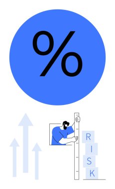 RISK bloklarını yukarı doğru oklarla istifleyerek büyüme, risk yönetimi, ilerleme ve değerlendirmeyi sembolize eden bir adamın üzerinde büyük bir yüzde işareti var. Finansal planlama, strateji ve karar verme için ideal