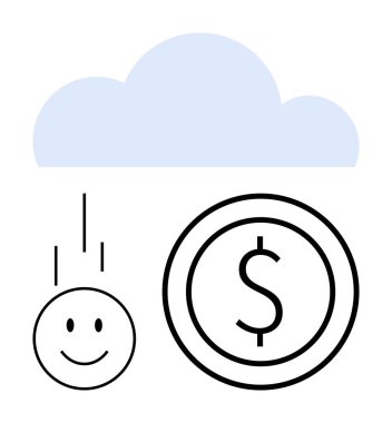 Bulut, gülen yüz ve dolar sikke pozitifliği, finansal başarıyı ve dijital kavramları vurgular. Bulut teknolojisi, finans, yatırımlar, tasarruf yeniliği mutluluğu veya sade iniş için ideal