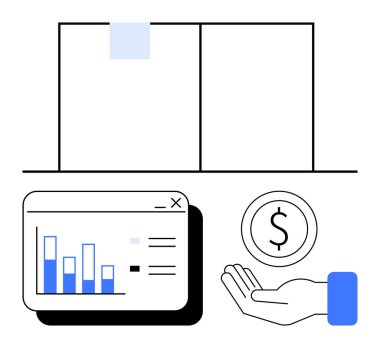 Analitik gösterge tablosu, el ele tutuşan bozuk para, minimalist düzen. Finans, yatırım, tasarruf, maliyet kontrolü, ekonomik büyüme, iş analizi için ideal
