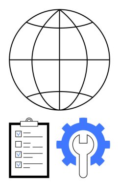 Şebeke çizgileri olan dünya, tamamlanmış görevleri olan kontrol listesi, ingiliz anahtarı olan mavi dişli. Küresel bağlantı, planlama, bakım, teknik çözümler, iş akışı, optimizasyon için ideal basit iniş sayfası