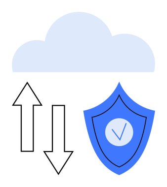 Yukarı ve aşağı doğru giden oklarla bulut, güvenli bir kalkan ikonu eşliğinde veri transferini sembolize ediyor. Bulut bilgisayarı, siber güvenlik, veri yedekleme, koruma, şifreleme, depolama güvenliği için ideal