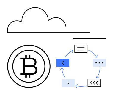 Bulut sembolünün yanındaki bitcoin işareti ve ok ve bloklarla akış diyagramı. Kripto para birimi, engelleme zinciri, bulut depolama, dijital işlem, veri işleme, teknoloji, merkezi olmayan