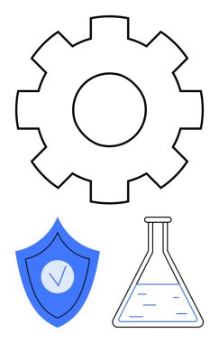 Dişliler teknolojiyi sembolize ediyor, güvenlik işaretli kalkan, bilim için matara. Teknoloji için ideal, siber güvenlik, araştırma, yenilik, koruma, veri bütünlüğü basit iniş sayfası