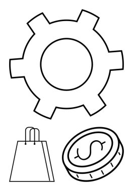 Vites, alışveriş çantası ve madeni para ikonu çizgisi sanat taşımacılığı, ekonomi ve alışveriş temaları. Basit bir iniş sayfası planlama ekomünikasyon, markalaşma, perakende ve finans stratejisi için ideal