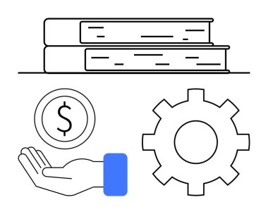 Yığılmış kitaplar, madeni parayı simgeleyen bir para ve iş akışını temsil eden bir vites simgesi. Eğitim, finans, üretkenlik, yönetim, teknoloji, strateji için ideal basit bir iniş sayfası