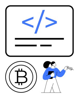 Ekranda kodlama sembolü, Bitcoin logosu ve bir fikir üzerinde çalışan meslektaşlar. Teknoloji, gelişme, engel zinciri, takım çalışması, yenilikçi dijital ekonomi eğitimi için idealdir. Minimalist düz basit
