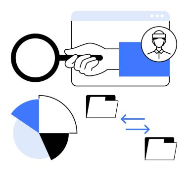 Tarayıcı, kullanıcı avatarı, klasörler, çift yönlü oklar, pasta grafiği üzerinde el ele tutuşan büyüteç. Araştırma, veri paylaşımı, analitik, takım çalışması profil yönetimi dosya organizasyonu dairesi için ideal