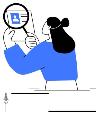 Profil analizinin vurgulandığı bir belgeyi büyüteçle inceleyen kişi. İşe alım, işe alım, İnsan Kaynakları, iş, araştırma, analiz, teftiş için ideal