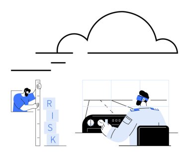 Pilot simüle edilmiş kontrol panelinde VR kulaklık kullanıyor. Bireysel istif risk blokları, dinamik bulut elementi. Yenilik, eğitim, havacılık, teknoloji, risk yönetimi için ideal, gelecek basit