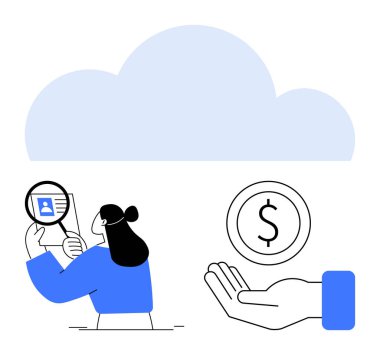 Profil detaylarını inceleyen bir kadın, bir dolarlık bozuk para, açık mavi bulut. İşe alım, finans, işlem, veri analizi, dijital kaydetme, takım çalışması için ideal basit iniş sayfası