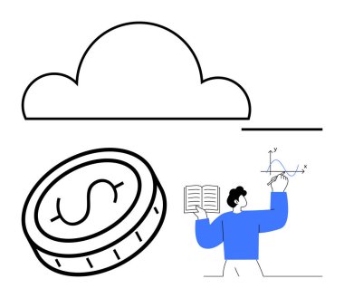 Bir doların üzerinde bulut ve verileri grafik ve açık kitapla analiz eden bir adam. Teknoloji, finans, analitik, eğitim, bulut hesaplama, finansal planlama, basit iniş sayfası için ideal