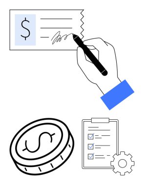 El imzalı bir belge, madeni para simgesi ve mali işlemleri, bütçeyi ve görev yönetimini simgeleyen bir dişli liste. Finans, bankacılık, planlama, iş stratejisi sözleşmesi için ideal