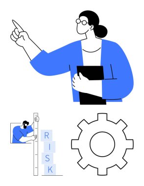 Kadın lider bir klasör tutuyor ve ileri doğru işaret ediyor. RISK blokları ve büyük vites sembolü inşa eden bir erkek. Liderlik için ideal, takım çalışması, risk değerlendirmesi, hedef belirleme, karar verme, iş