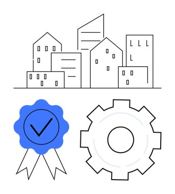 Modern binalarla doğrusal şehir manzarası, sertifika için mavi işaret kurdelesi ve süreç yeniliğini sembolize eden bir vites simgesi. Kentsel planlama, kalite kontrol, emlak için ideal