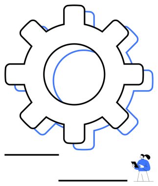 Minimalist soyut çizgileri olan büyük dişli mekanizması. Mavi gömlekli biri tabletteki verileri analiz ediyor. Teknoloji, üretkenlik, iş dünyası, yenilik, mühendislik ve problem çözme için ideal
