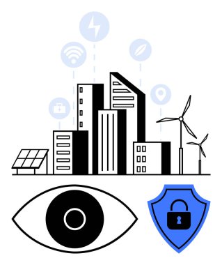 Rüzgar türbinleri, güneş panelleri ve enerji, bağlantı ve konum için teknoloji ikonları olan şehir manzarası. Kilit ve göz sembollü kalkan güvenlik ve gözetlemeyi vurguluyor. Teknoloji ve şehir planlaması için ideal