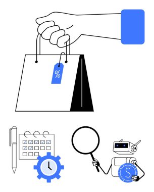 İçinde yüzde etiketi olan bir alışveriş çantası, kalem ve teçhizatlı bir takvim, bozuk para tutan bir robot ve büyüteç olan bir el. E-ticaret, satış, teknoloji ve zaman yönetimi için ideal