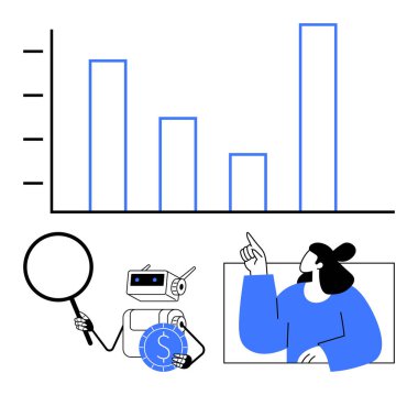 Robotun bozuk para ve büyüteç tuttuğu bar çizelgesi analizi, verileri işaret eden profesyonelce. Finansal içgörüler, veri analizleri, yapay zeka teknolojisi, takım çalışması, eğitim, büyüme stratejisi için ideal