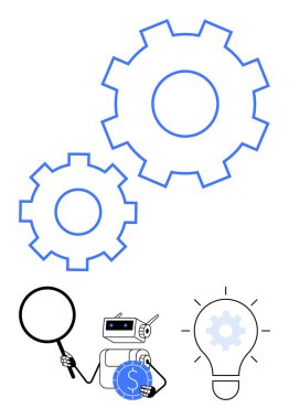 Robot bozuk para tutuyor, vitesler ampulün üstünde, büyütme camı süreç verimliliğini, yeniliği, otomasyonu, optimizasyonu, problem çözmeyi, teknolojiyi geliştirmeyi ve yaratıcı düşünmeyi temsil ediyor.
