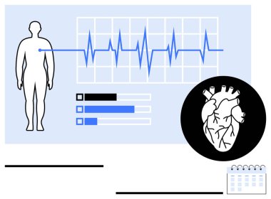 Bir figür, EKG hattı, anatomik kalp, bar çizelgesi ve takvim içeren tıbbi diyagram. Sağlık, kardiyoloji, tanı, sağlık verisi görselleştirmesi için ideal basit önleyici bakım dairesi